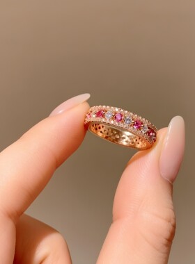 S925银满排钻戒指中古设计仙女风