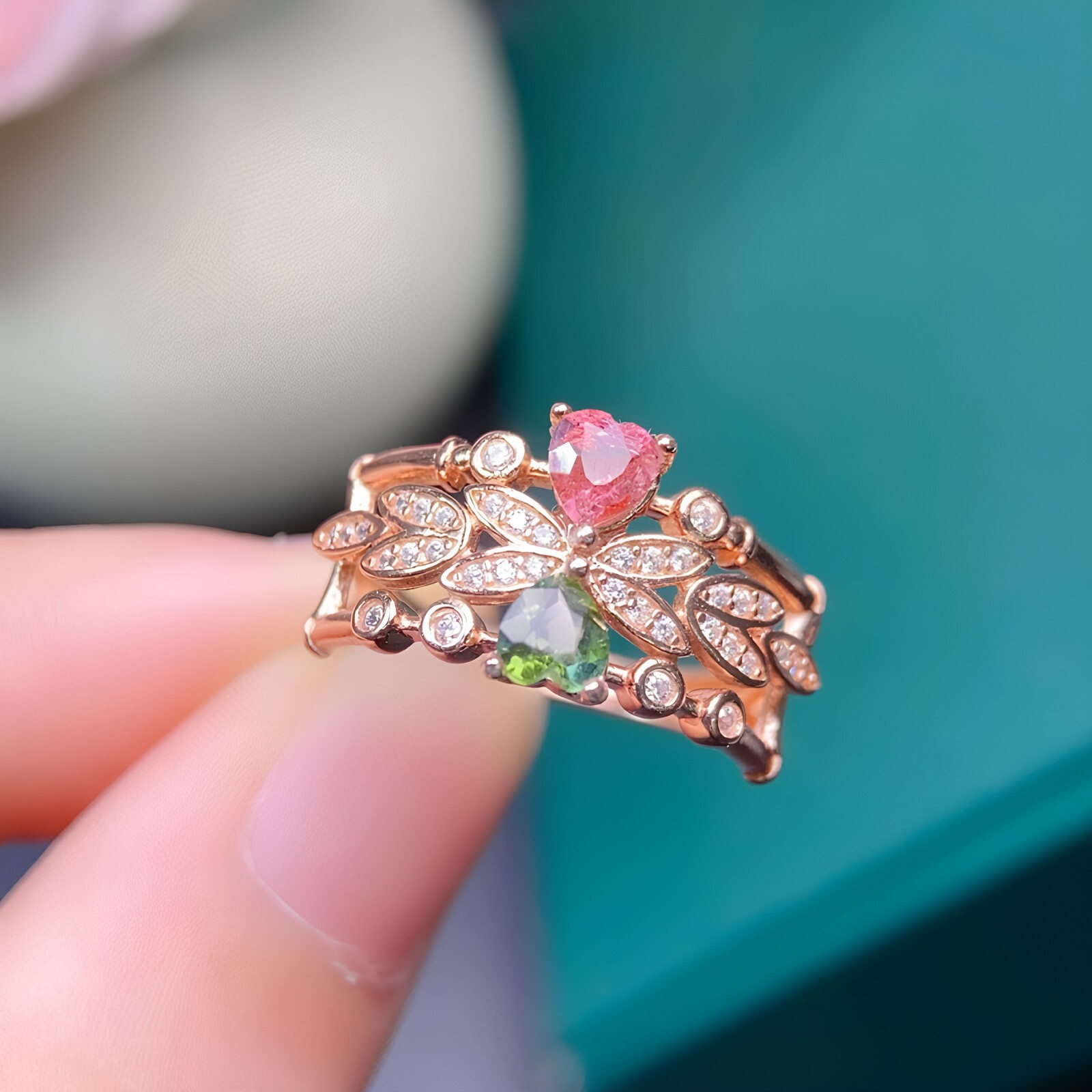 Natural Colorful Candy Tourmaline Women's Ring Sweet Flowers