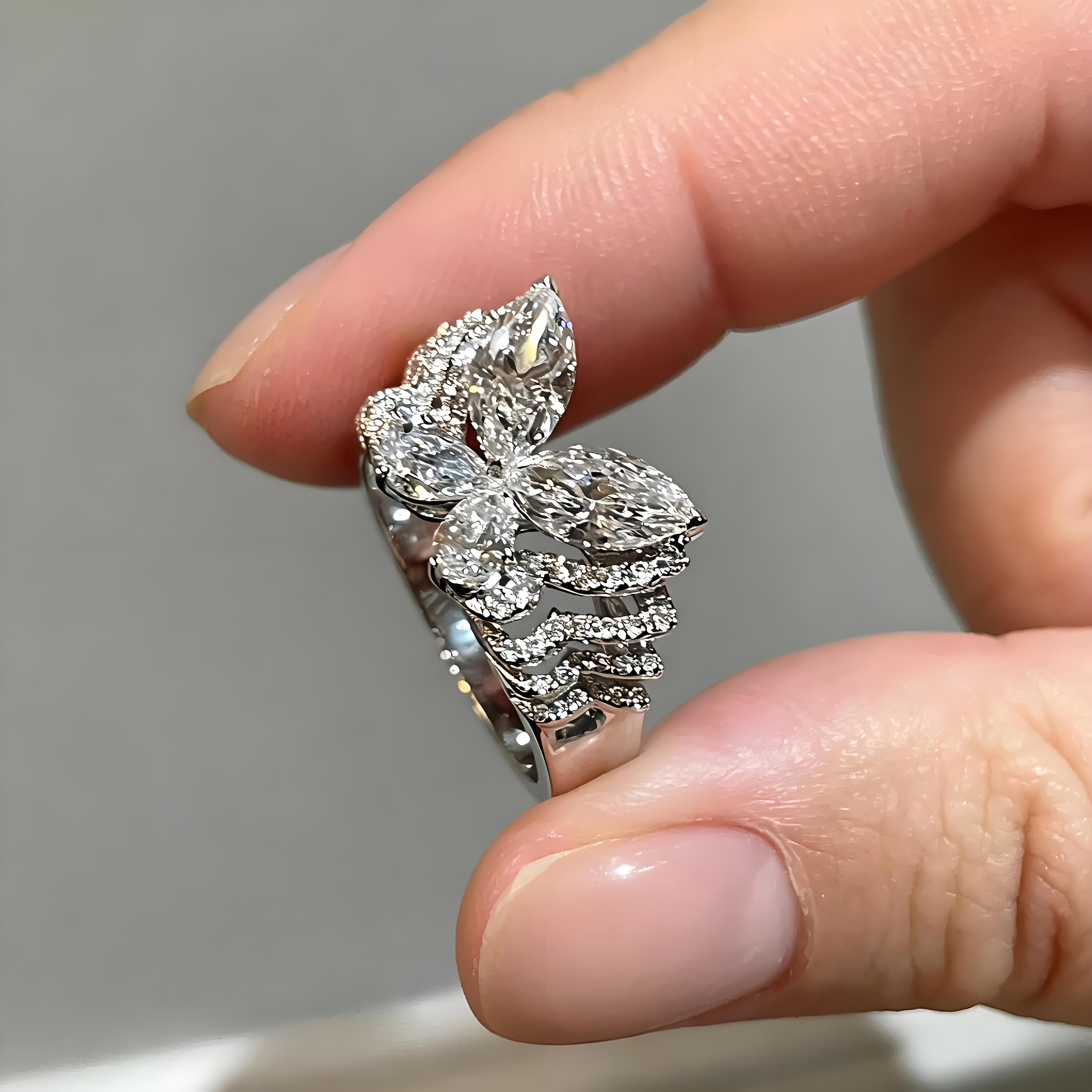S925 sterling silver diamond ring phantom butterfly layered and elegant