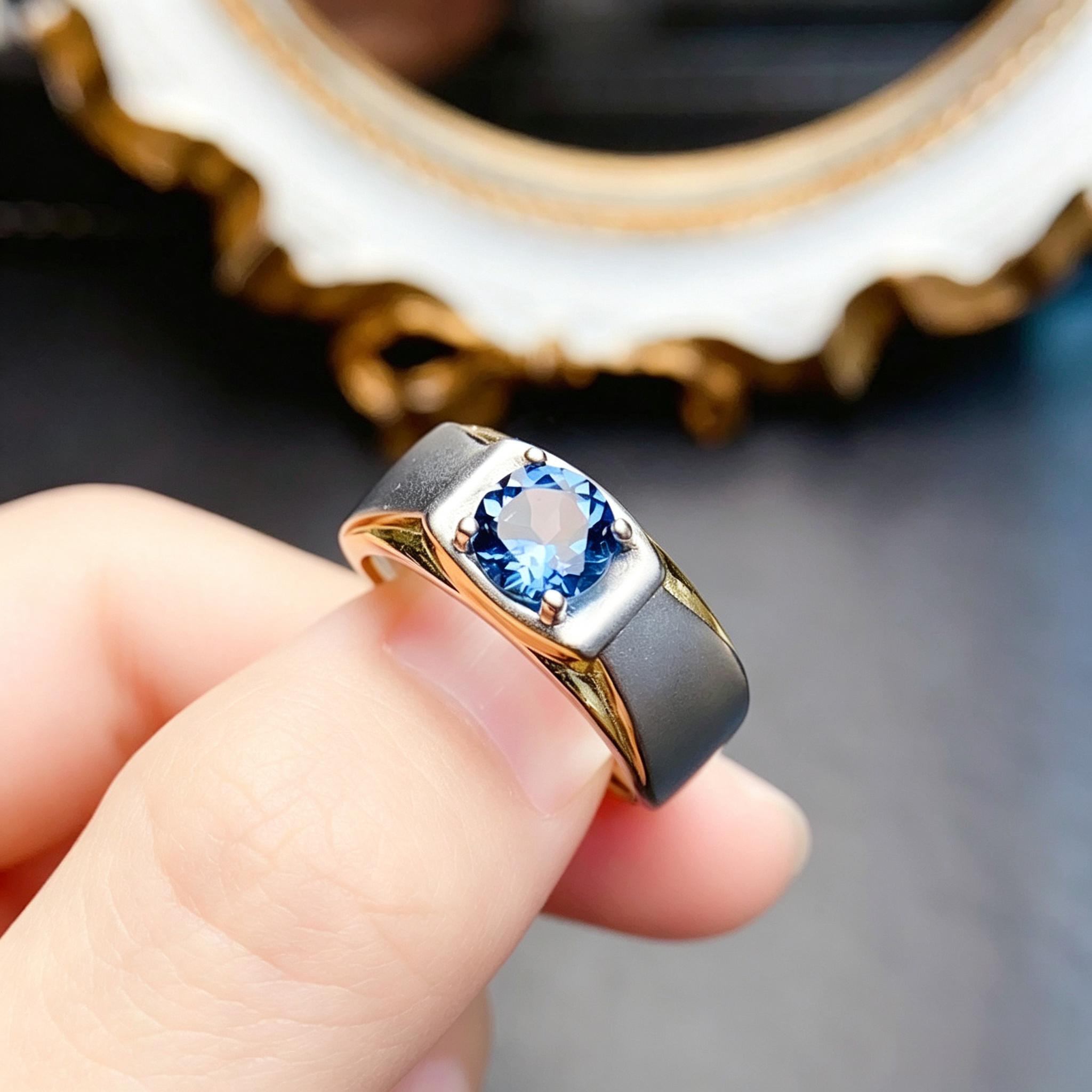 Swiss blue natural topaz index finger ring for men and women