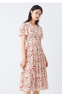 yiner meidi夏季新款V领雪纺短袖收腰小碎花印花连衣裙a字裙长裙