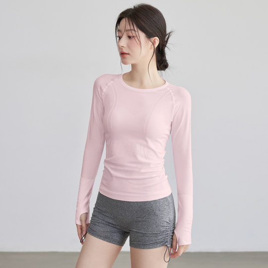 VOJ瑜伽服女无缝一体织修身透气速干运动上衣圆领普拉提健身长袖