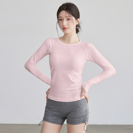 VOJ瑜伽服女无缝一体织修身透气速干运动上衣圆领普拉提健身长袖