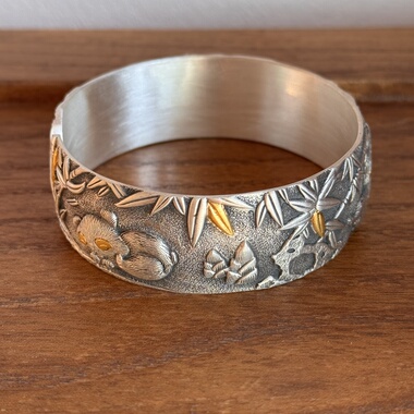 千凤银足银999熊猫抱竹纯银手镯