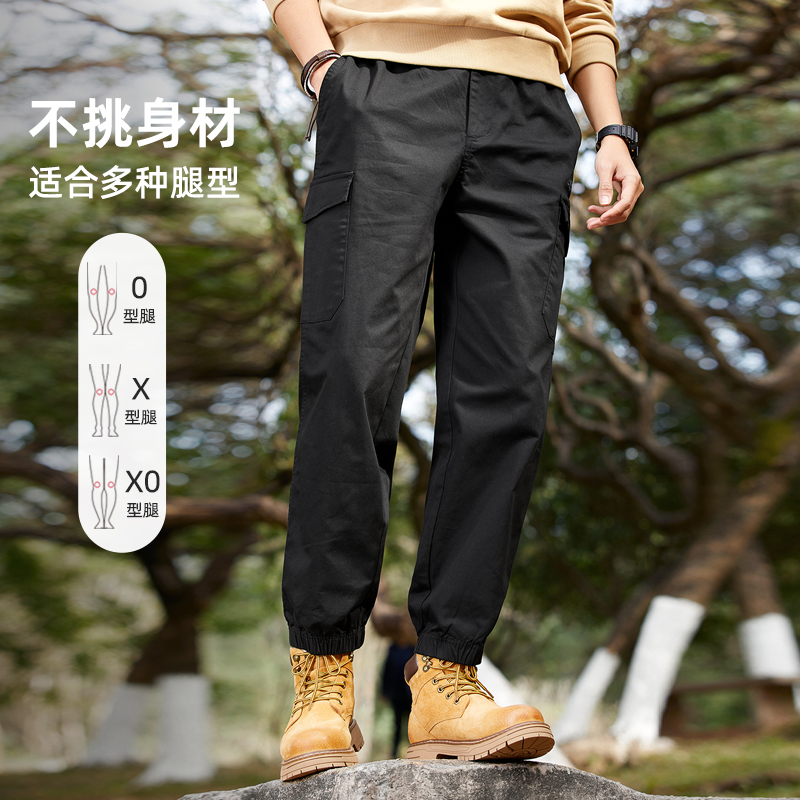 骆驼男装纯棉工装裤男士夏季黑色宽松弹力束脚户外运动休闲长裤子 - 图3