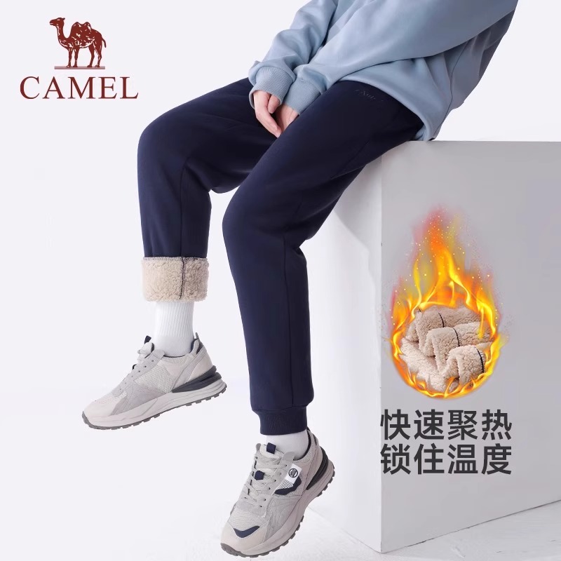 骆驼女装羊羔绒运动长裤2024秋冬新款加绒保暖束脚弹力休闲卫裤男