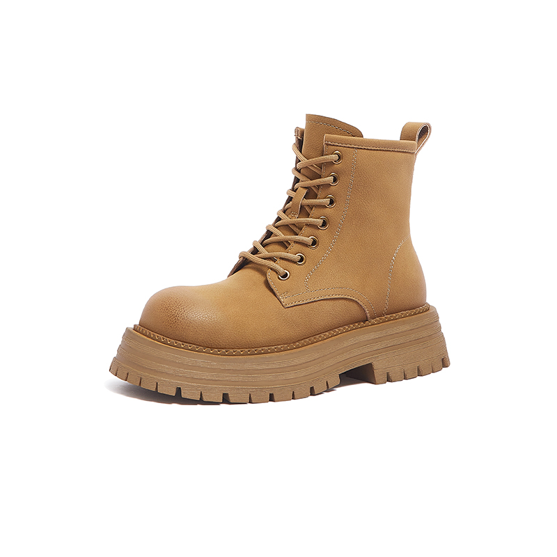 骆驼女鞋2025春季新款厚底真皮马丁靴女加绒短靴增高保暖靴子女