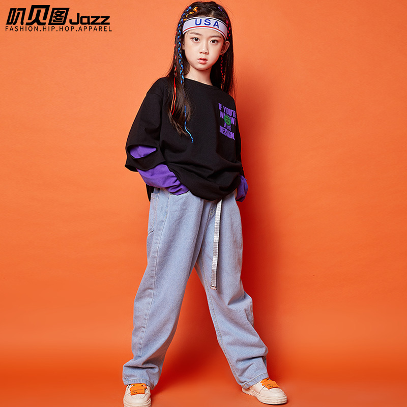 男童嘻哈潮装儿童街舞套装元旦爵士舞服走秀服装宽松hiphop演出服 - 图1