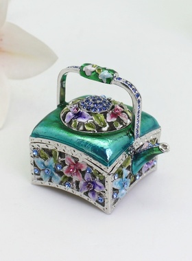 珐琅彩人工彩绘方形茶壶饰品装饰创意家居桌面摆件合金工艺品