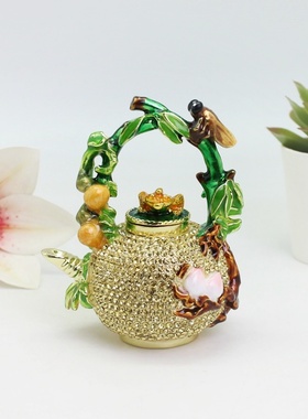 合金工艺品时尚轻奢满钻茶壶创意装饰摆件珐琅彩七宝烧首饰盒