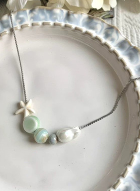 海石记仿珍珠小众项链ins 夏天海边甜美锁骨链新款海星石头饰品