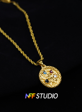 NFF钛钢精工镶钻金币圆饼吊坠