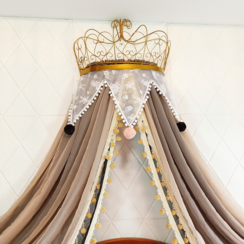 新款公主床幔可爱北欧粉少女心马卡龙色装饰纱帐三角蕾丝蓝含皇冠