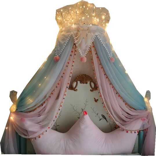 New princess bed curtain, cute Nordic pink girly heart macaron color decorative gauze triangle lace blue with crown