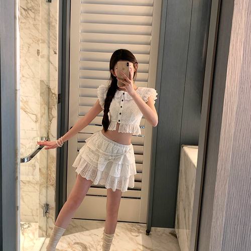 A ice of vale 千奈凉子 白色短款小衫蛋糕半裙女春季甜美套装裙 - 图1