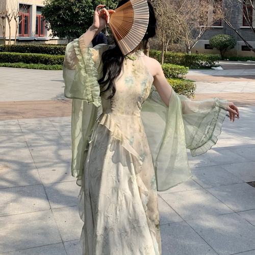 Blovelan青青子衿 气质婉约国风印花拼接不规则挂脖连衣裙旗袍夏 - 图0