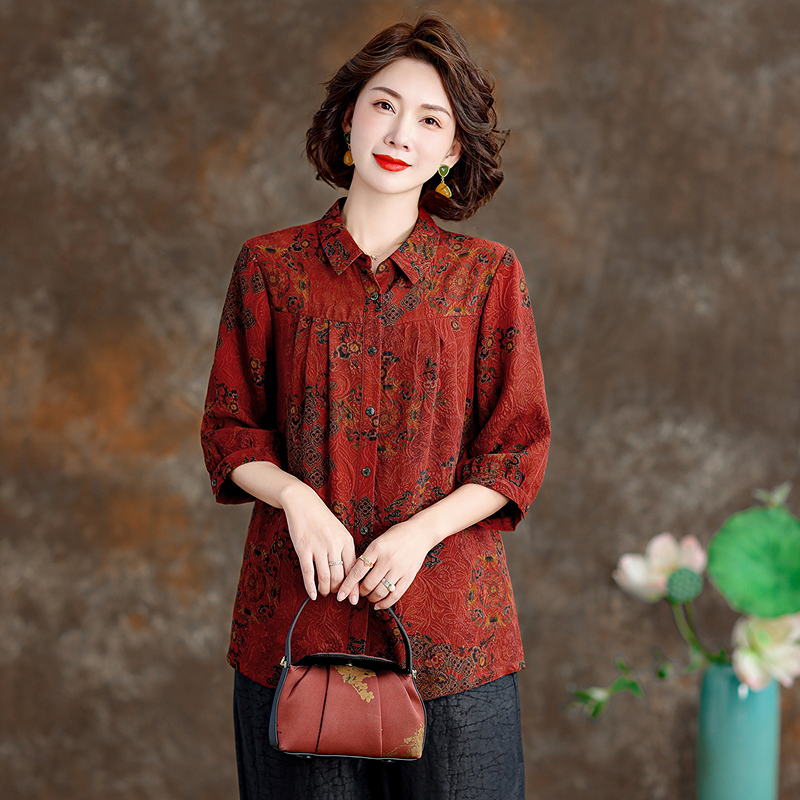 香云纱上衣高端品牌女2025新款翻领洋气减龄桑蚕丝真丝衬衫妈妈装 - 图1