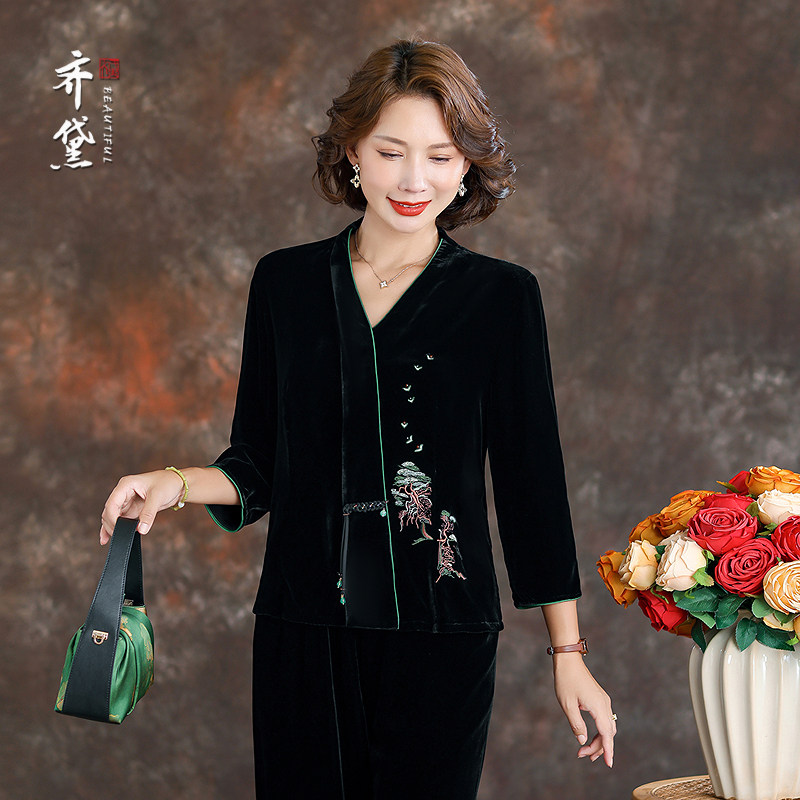 齐黛重要场合丝绒上衣女2025秋季新款刺绣V领长袖真丝桑蚕丝衬衫