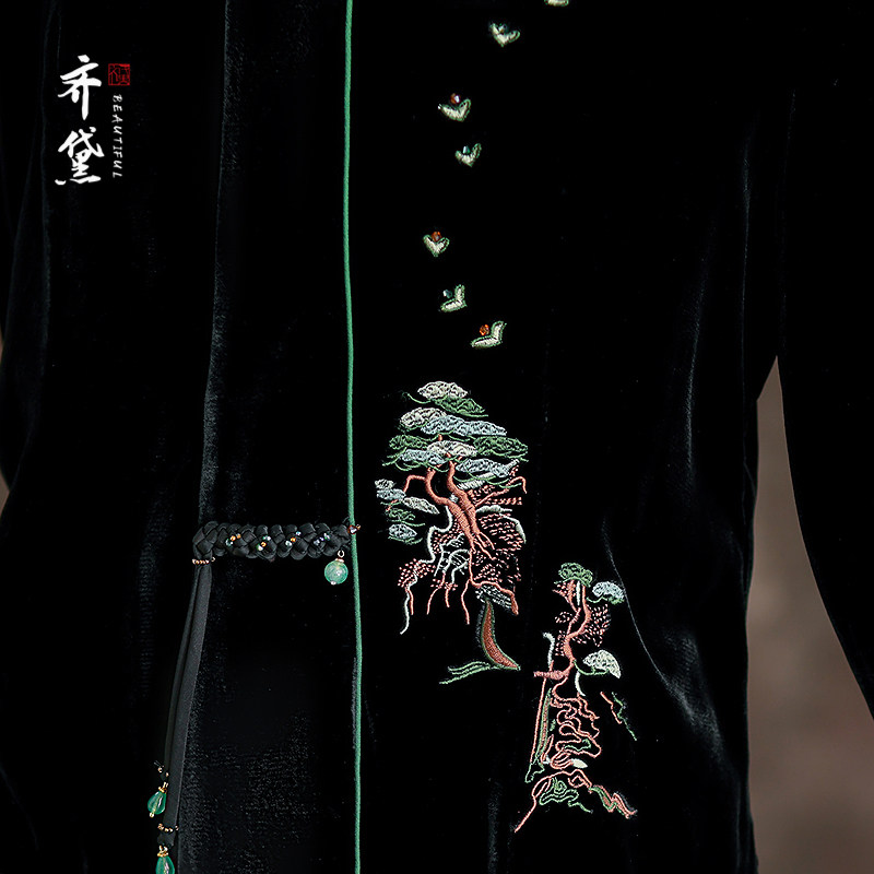 齐黛重要场合丝绒上衣女2025秋季新款刺绣V领长袖真丝桑蚕丝衬衫