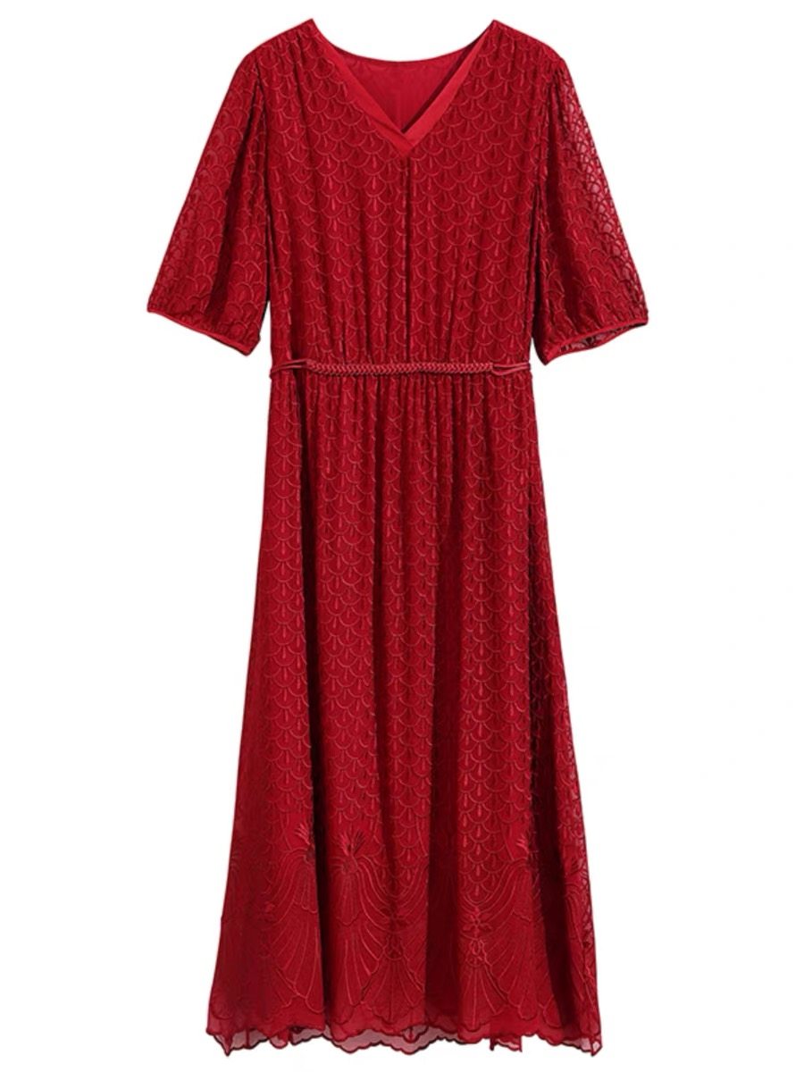 红色真丝连衣裙女2024春夏新款V领喜婆婆婚姻装本命年桑蚕丝裙子