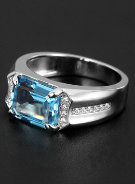 高级感925银镀白金托帕石戒指男