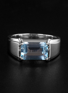 天然托帕石天空蓝925银宝石戒指男简约小众设计纯银镀金免费刻字