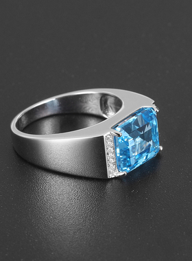 瑞士蓝托帕石925银男戒