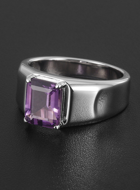 925银电镀白金紫水晶男戒刻字