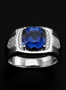 纯银镀金镶嵌蓝宝石戒指男