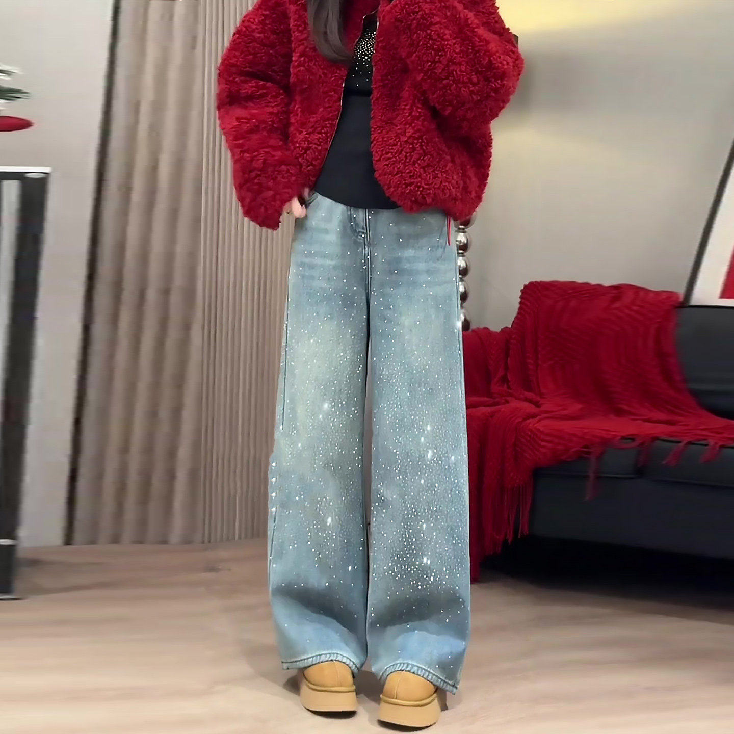 复古蓝色爆闪烫钻阔腿牛仔裤女2026春季新款小个子巨好看直筒裤子,淘宝优惠券,粉丝福利购,淘宝优惠卷