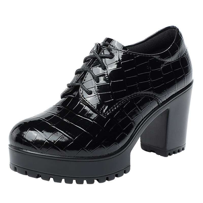 高跟鞋秋冬女粗跟2025新款鳄鱼纹花皮系带单鞋防水台大码深口皮鞋,淘宝优惠券,粉丝福利购,淘宝优惠卷