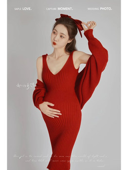 2022 New Photo Studio Couple Maternity Photo Clothing Red New Year Beautiful Style Korean Pregnant Mommy Photo Clothing