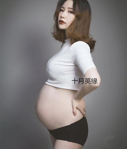 孕妇拍照写真服装T桖上衣女短袖显瘦露肚脐纯棉性感大肚妈咪照 - 图0