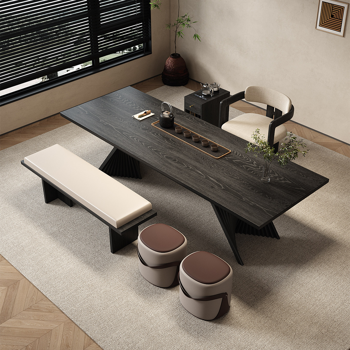 意式极简实木茶桌办公桌一体两用2025新款高端黑色设计师接待茶台,淘宝优惠券,粉丝福利购,淘宝优惠卷