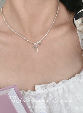 「芭蕾少女」s925纯银项链女可爱蝴蝶结珍珠碎银子2024年新款手链
