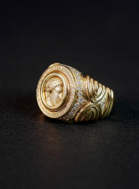 超精美值得收藏的古币可翻转阿波罗琥珀金戒指18k厚金钻石戒指