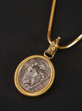 高品质古希腊智慧女神雅典娜雄狮古币开口扣18k厚金拉丝古币吊坠