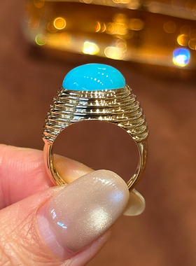 有生珠宝原矿睡美人绿松石极简老钱风椭圆绿松石戒指18k金牛角戒