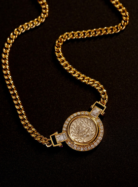 【已出欣赏】超精美古币银币美杜莎项链18k金钻石锁骨链古币项链
