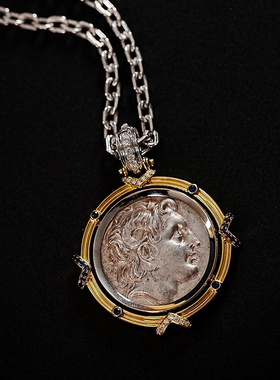 收藏级精品色雷斯亚历山大公羊角古币18k厚金蓝宝石男女通用吊坠