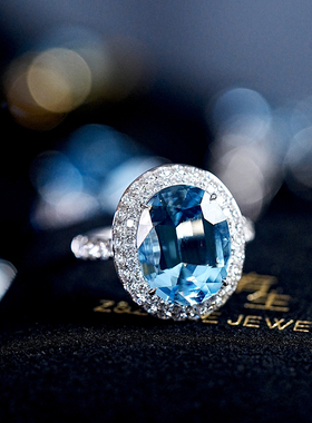 【圣玛利亚色】超级精美鸽子蛋清爽海蓝宝戒指厚金钻石围镶戒指