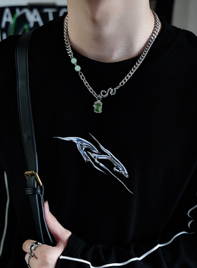 国风方钻玉石绿钛钢男女吊坠项链