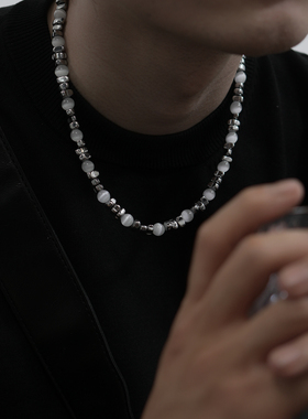 黑冰裂白猫眼石碎银子圆珠项链男