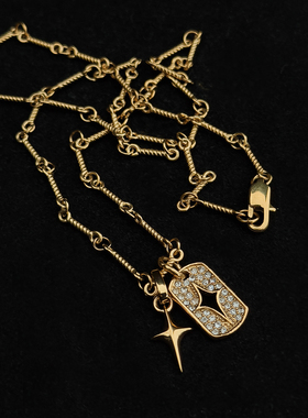 18K竹节链星星满钻镂空吊牌项链