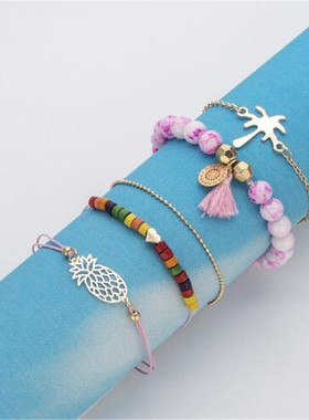 欧美风复古粉色系爱心流苏手链