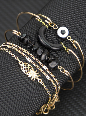 欧美时尚手饰 合金菠萝眼睛 手工传珠松石月亮手链手镯六件套女