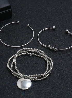 欧美风几何圆盘吊坠打结开口手链