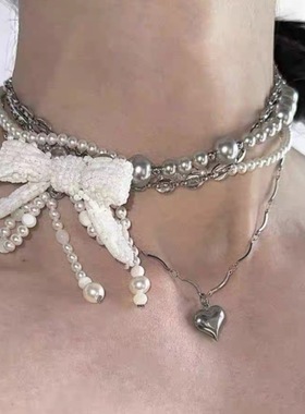 小众原创设计 「无序的」白色蝴蝶结珍珠钛钢项链重工多层choker