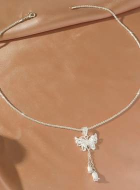 轻奢铜镀银色蝴蝶铃兰花流苏项链