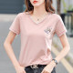 Mercerized cotton V-neck short-sleeved T-shirt for women 2025 new summer pure cotton embroidered body shirt loose large size top half-sleeved for women